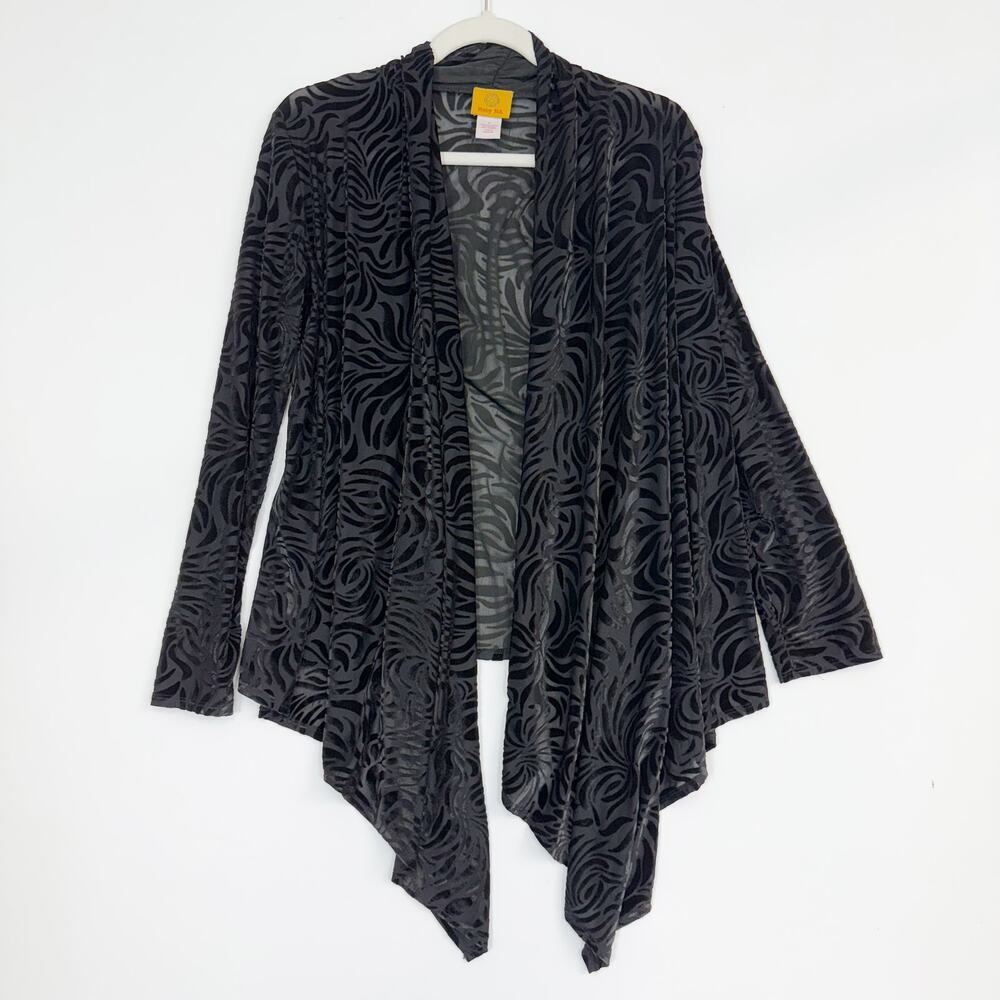 Ruby Rd. Black Velvet Burnout Long Sleeve Open Front Kimono Women's Small